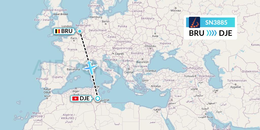 SN3885 Brussels Airlines Flight Map: Brussels to Djerba