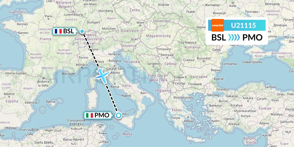 U21115 EasyJet Flight Map: Basel to Palermo