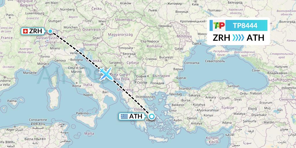 TP8444 TAP Portugal Flight Map: Zurich to Athens