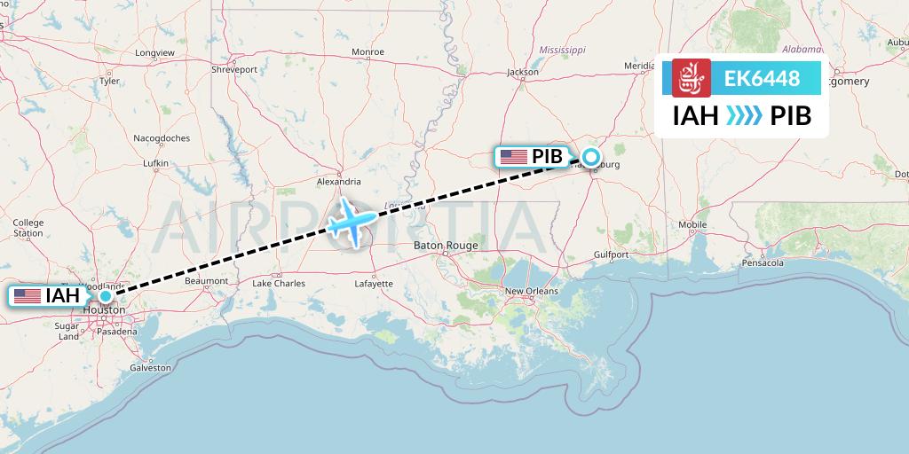 EK6448 Emirates Flight Map: Houston to Hattiesburg