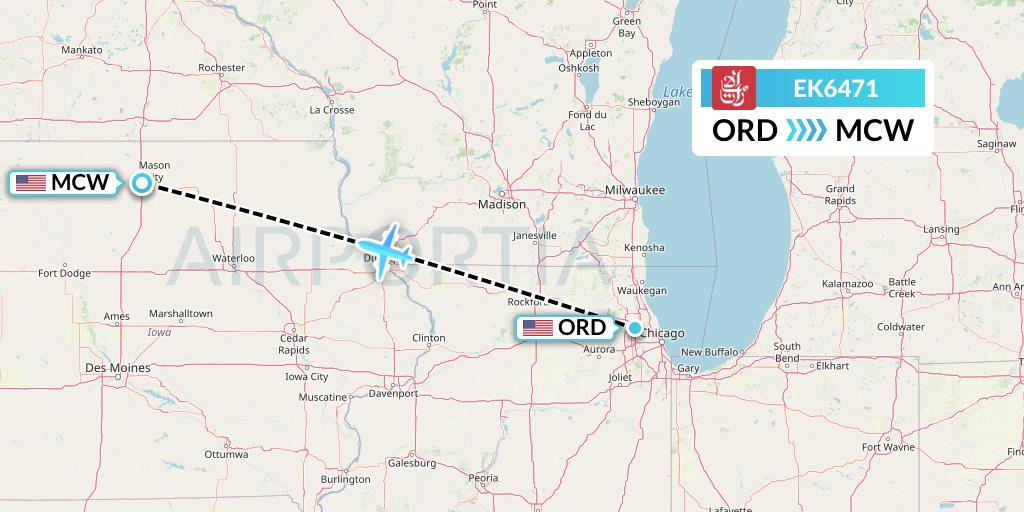 EK6471 Emirates Flight Map: Chicago to Mason City