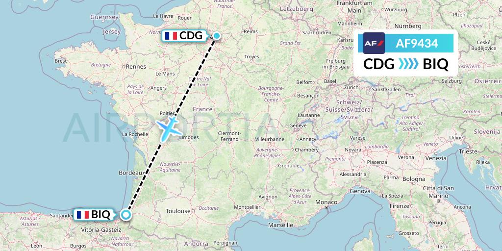 AF9434 Air France Flight Map: Paris to Biarritz