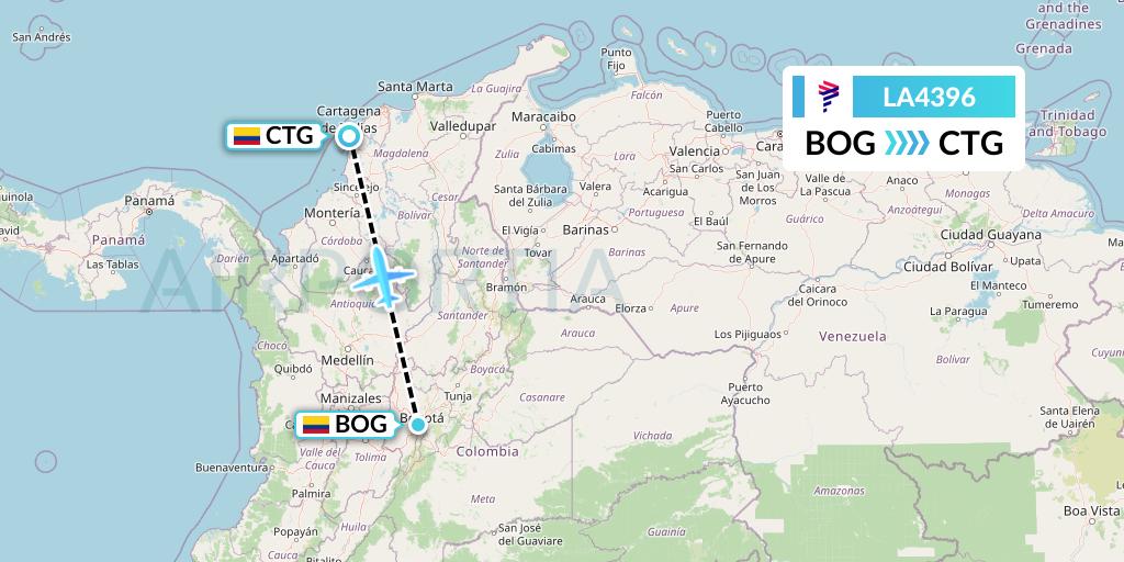 LA4396 LAN Airlines Flight Map: Bogota to Cartagena