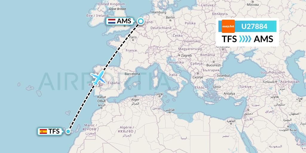 U27884 EasyJet Flight Map: Tenerife to Amsterdam