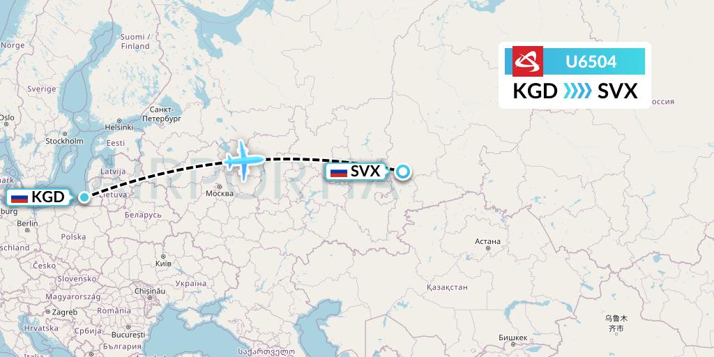 U6504 Ural Airlines Flight Map: Kaliningrad to Yekaterinburg