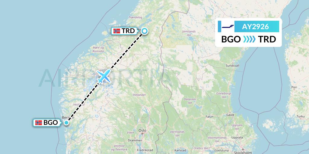 AY2926 Finnair Flight Map: Bergen to Trondheim