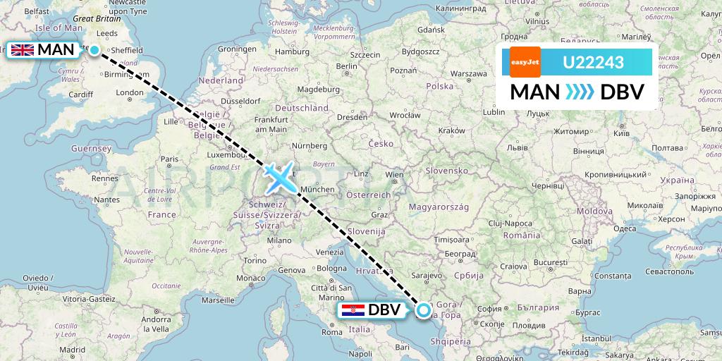 U22243 EasyJet Flight Map: Manchester to Dubrovnik