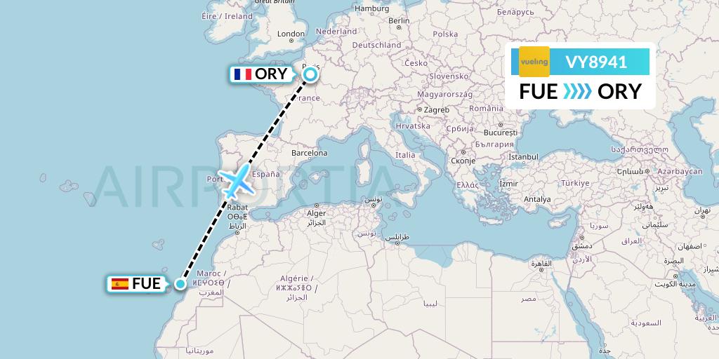 VY8941 Vueling Flight Map: Fuerteventura to Paris