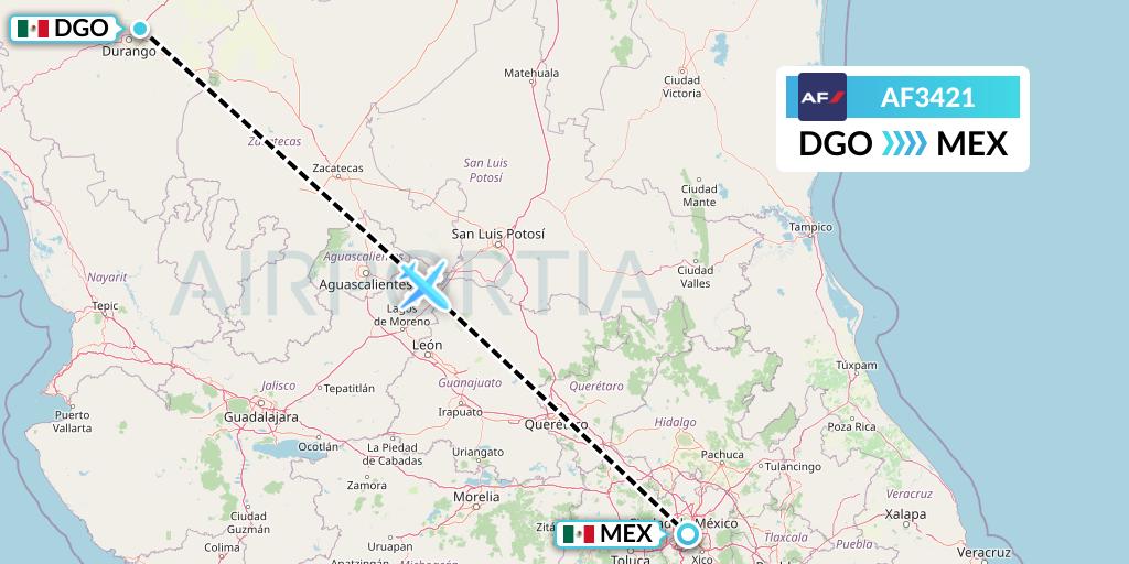 AF3421 Air France Flight Map: Durango to Mexico City