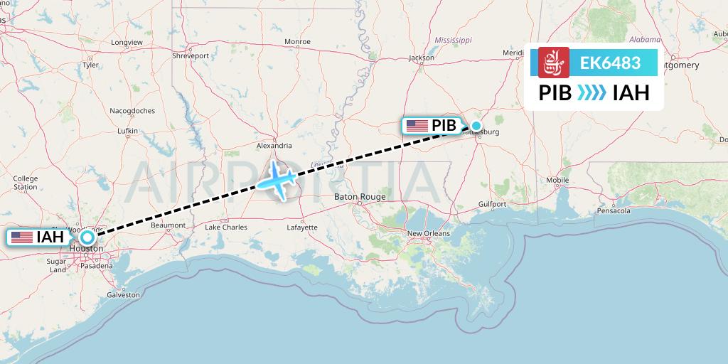 EK6483 Emirates Flight Map: Hattiesburg to Houston