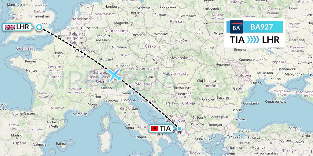 BA927 British Airways Flight Map: Tirana to London