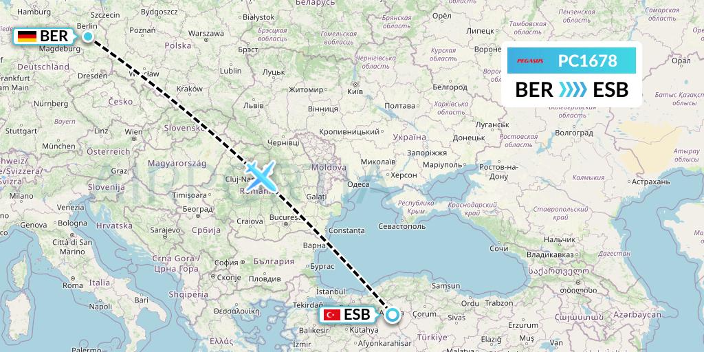 PC1678 Pegasus Airlines Flight Map: Berlin to Ankara