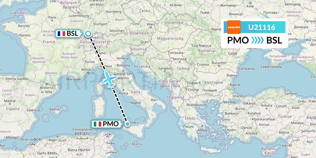 U21116 EasyJet Flight Map: Palermo to Basel