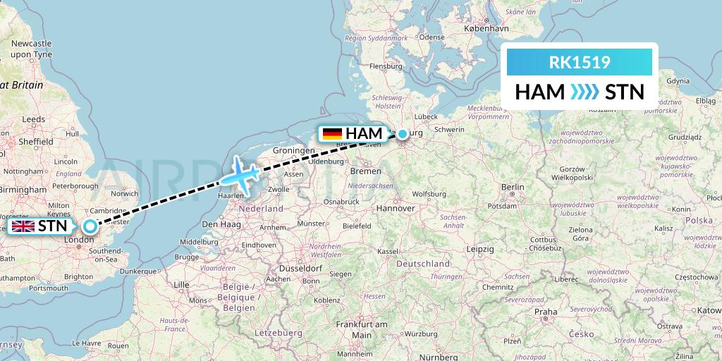 RK1519 Ryanair UK Flight Map: Hamburg to London