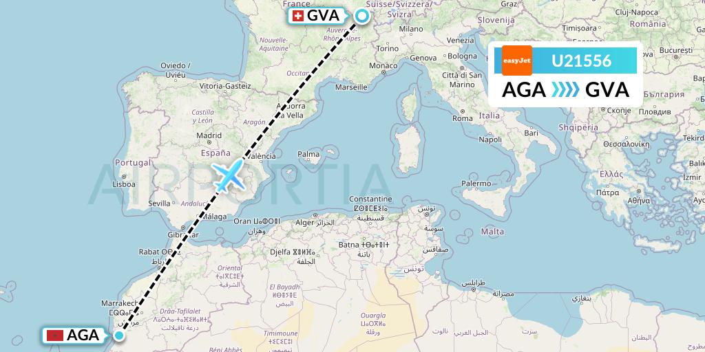 U21556 EasyJet Flight Map: Agadir to Geneva
