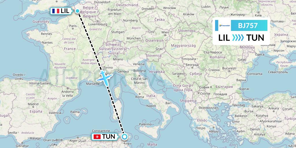BJ757 Nouvelair Tunisie Flight Map: Lille to Tunis