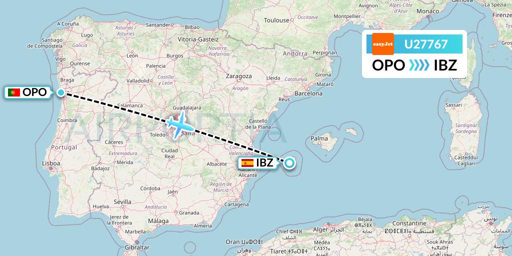 U27767 EasyJet Flight Map: Porto to Ibiza