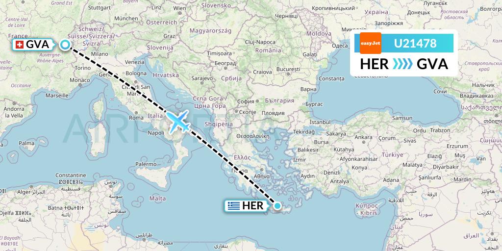 U21478 EasyJet Flight Map: Heraklion to Geneva
