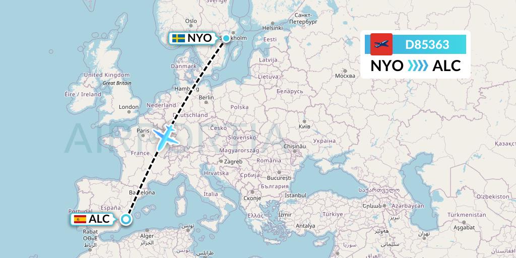 D85363 Norwegian Air International Flight Map: Stockholm to Alicante