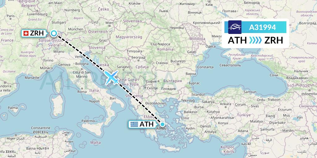 A31994 Aegean Airlines Flight Map: Athens to Zurich