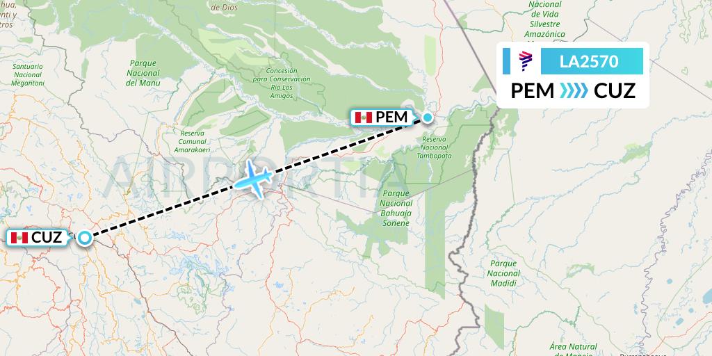 LA2570 LAN Airlines Flight Map: Puerto Maldonado to Cusco