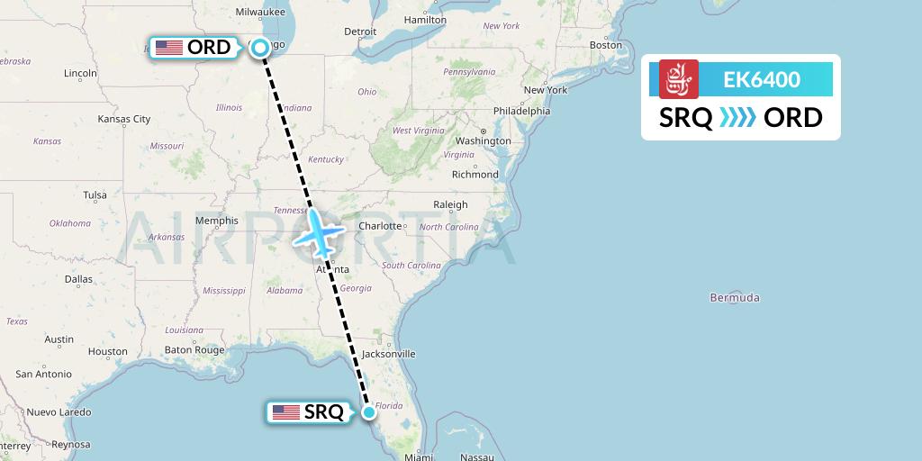 EK6400 Emirates Flight Map: Sarasota to Chicago