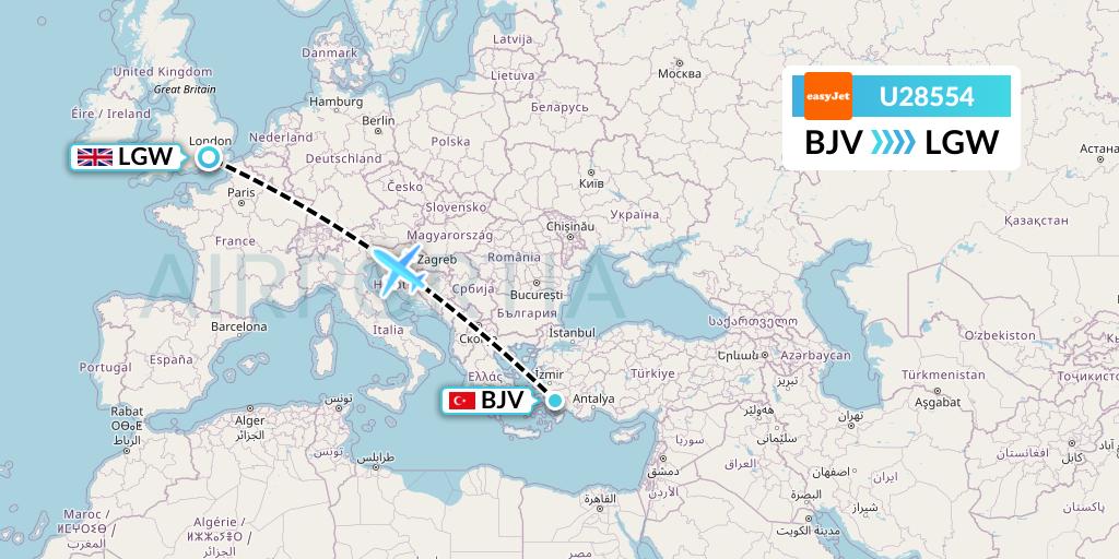 U28554 EasyJet Flight Map: Bodrum to London