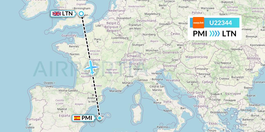 U22344 EasyJet Flight Map: Palma de Mallorca to London