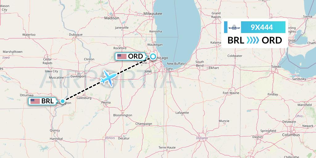 9X444 Southern Airways Express Flight Map: Burlington to Chicago