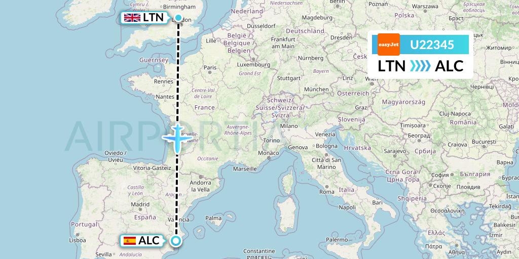 U22345 EasyJet Flight Map: London to Alicante