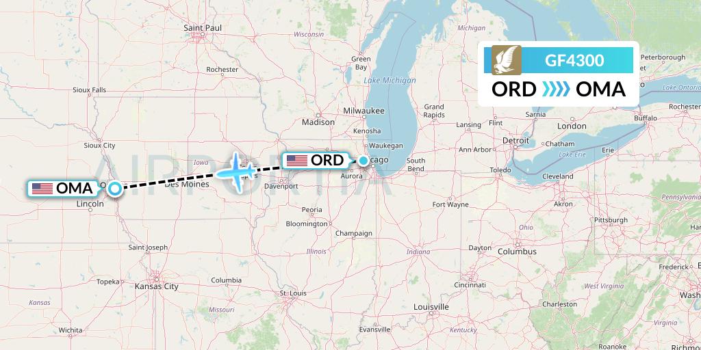 GF4300 Gulf Air Flight Map: Chicago to Omaha