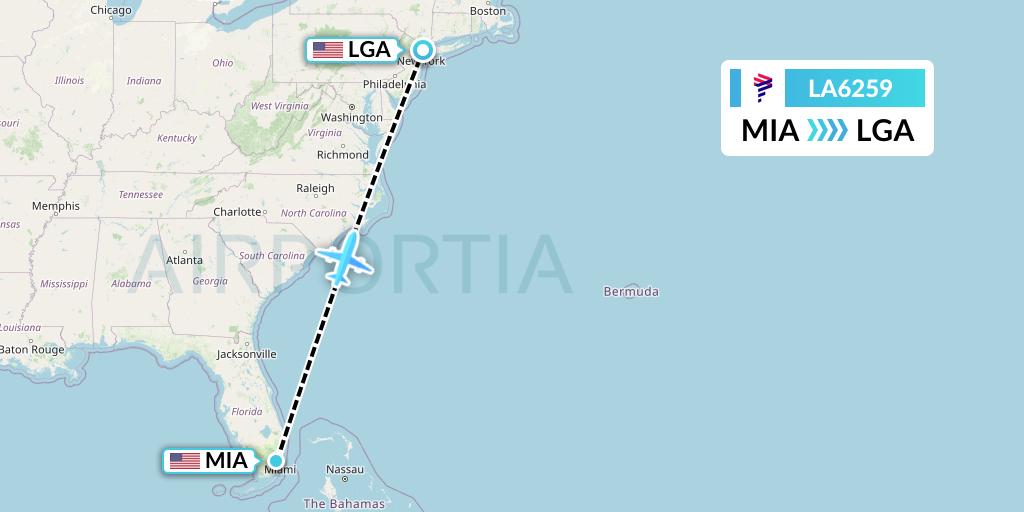 LA6259 LAN Airlines Flight Map: Miami to New York