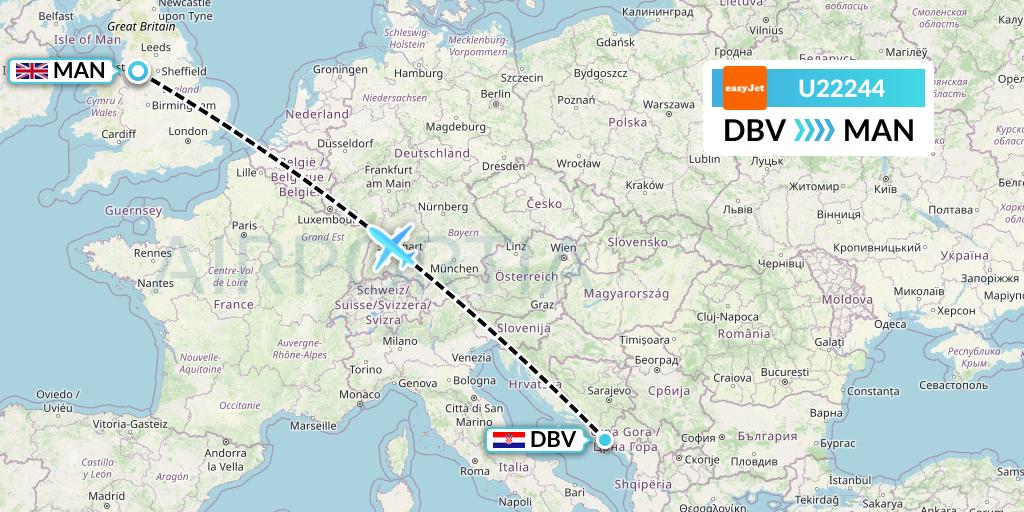 U22244 EasyJet Flight Map: Dubrovnik to Manchester