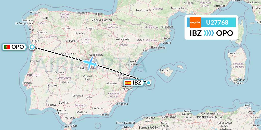 U27768 EasyJet Flight Map: Ibiza to Porto