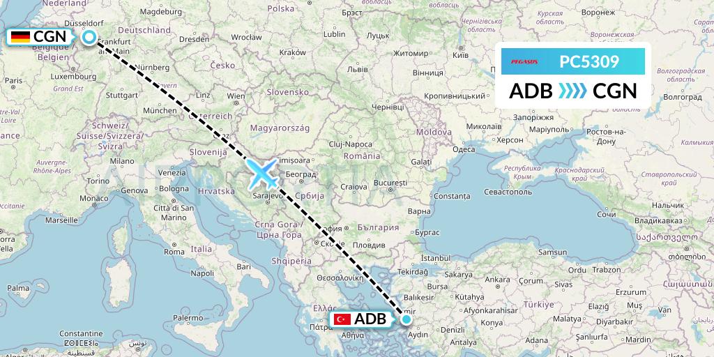 PC5309 Pegasus Airlines Flight Map: Izmir to Cologne