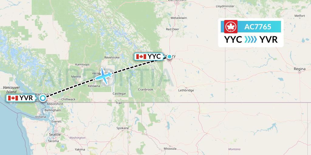AC7765 Air Canada Flight Map: Calgary to Vancouver