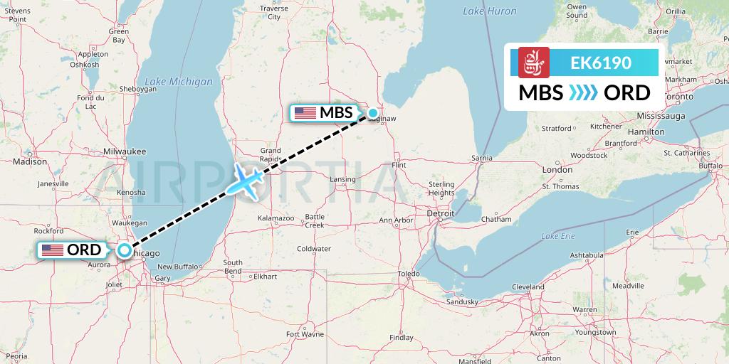 EK6190 Emirates Flight Map: Saginaw to Chicago