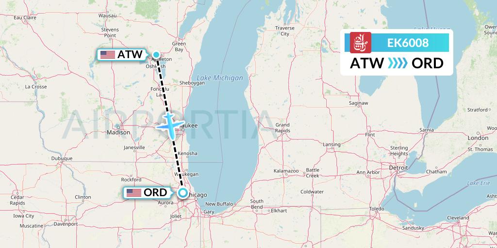 EK6008 Emirates Flight Map: Appleton to Chicago