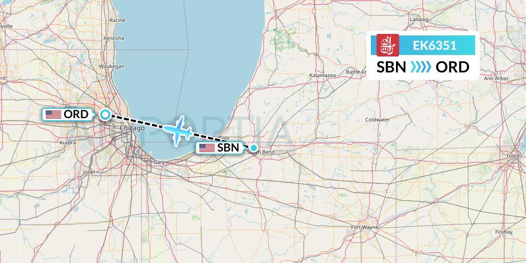 EK6351 Emirates Flight Map: South Bend to Chicago