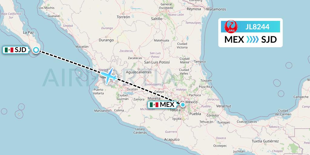 JL8244 Japan Airlines Flight Map: Mexico City to San Jose del Cabo