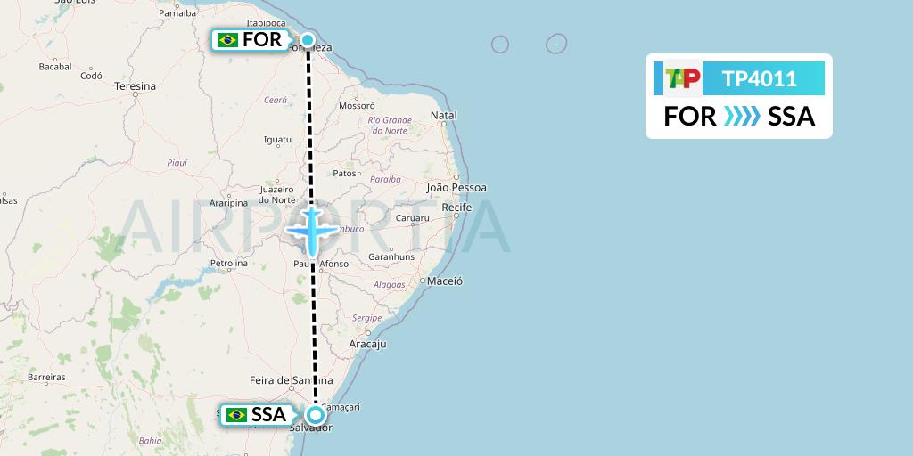 TP4011 TAP Portugal Flight Map: Fortaleza to Salvador