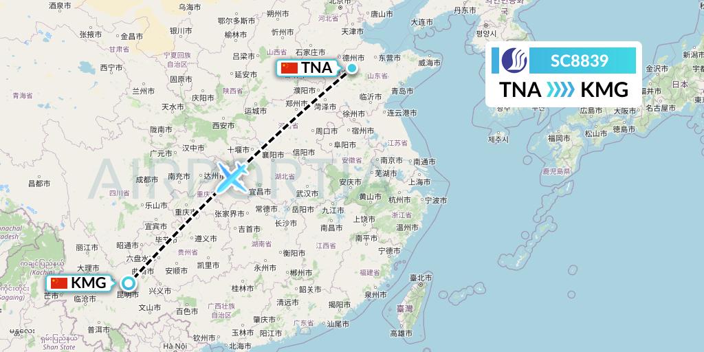 SC8839 Shandong Airlines Flight Map: Jinan to Kunming