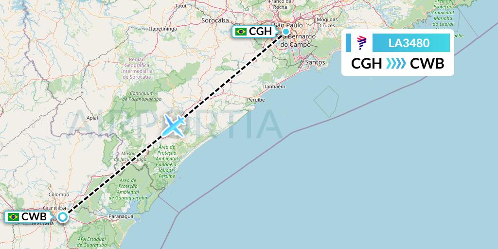 LA3480 LAN Airlines Flight Map: Sao Paulo to Curitiba