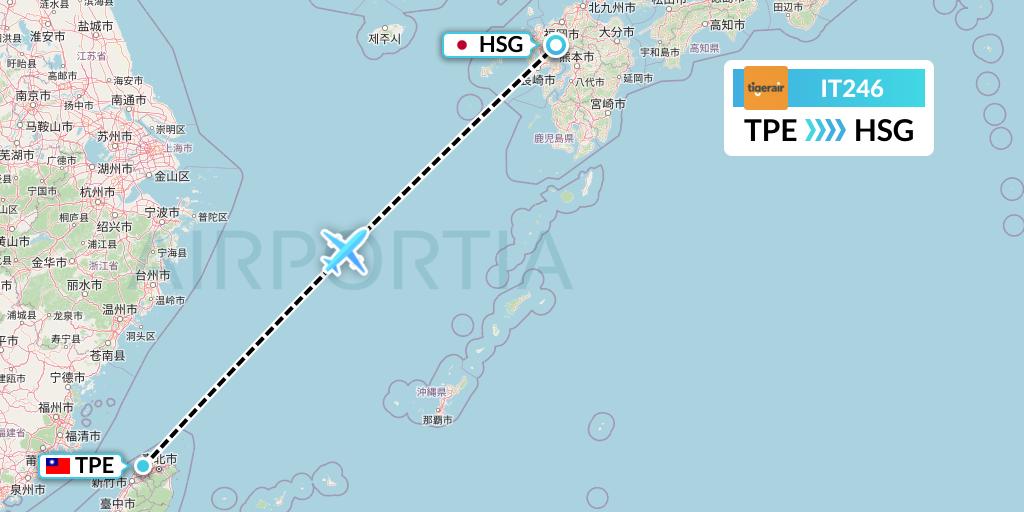 IT246 Tigerair Taiwan Flight Map: Taipei to Saga