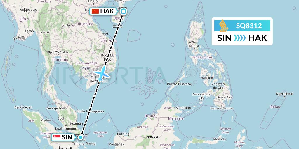 SQ8312 Singapore Airlines Flight Map: Singapore to Haikou