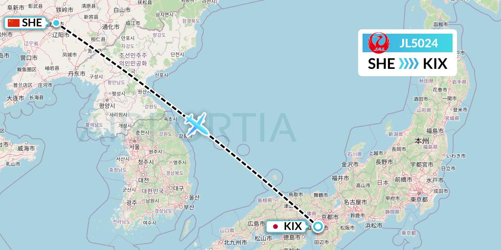 JL5024 Japan Airlines Flight Map: Shenyang to Osaka