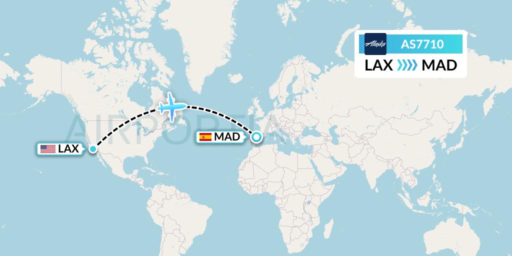 AS7710 Alaska Airlines Flight Map: Los Angeles to Madrid