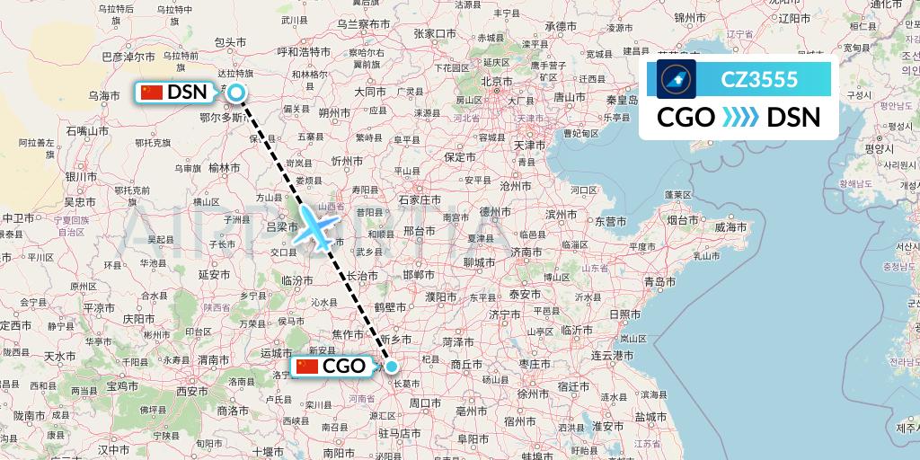CZ3555 China Southern Airlines Flight Map: Zhengzhou to Dongsheng
