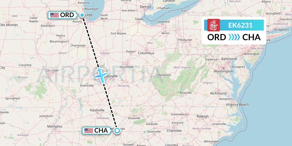EK6231 Emirates Flight Map: Chicago to Chattanooga