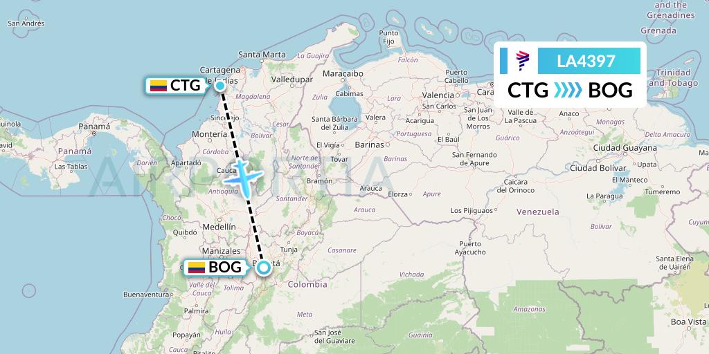 LA4397 LAN Airlines Flight Map: Cartagena to Bogota